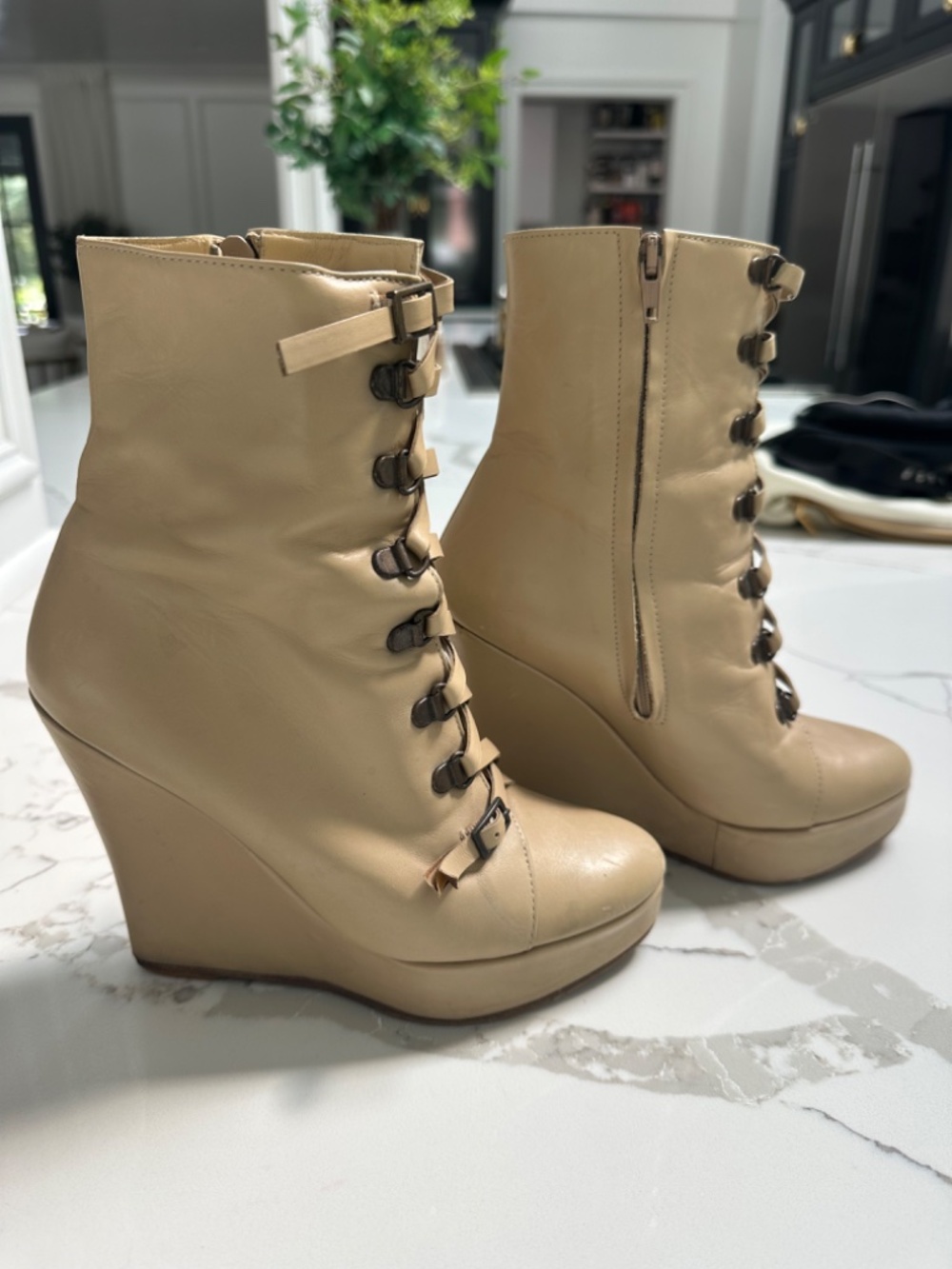 Cesare Paciotti Nude Leather Zip Platform Wedge Bootie - Picture 2 of 9